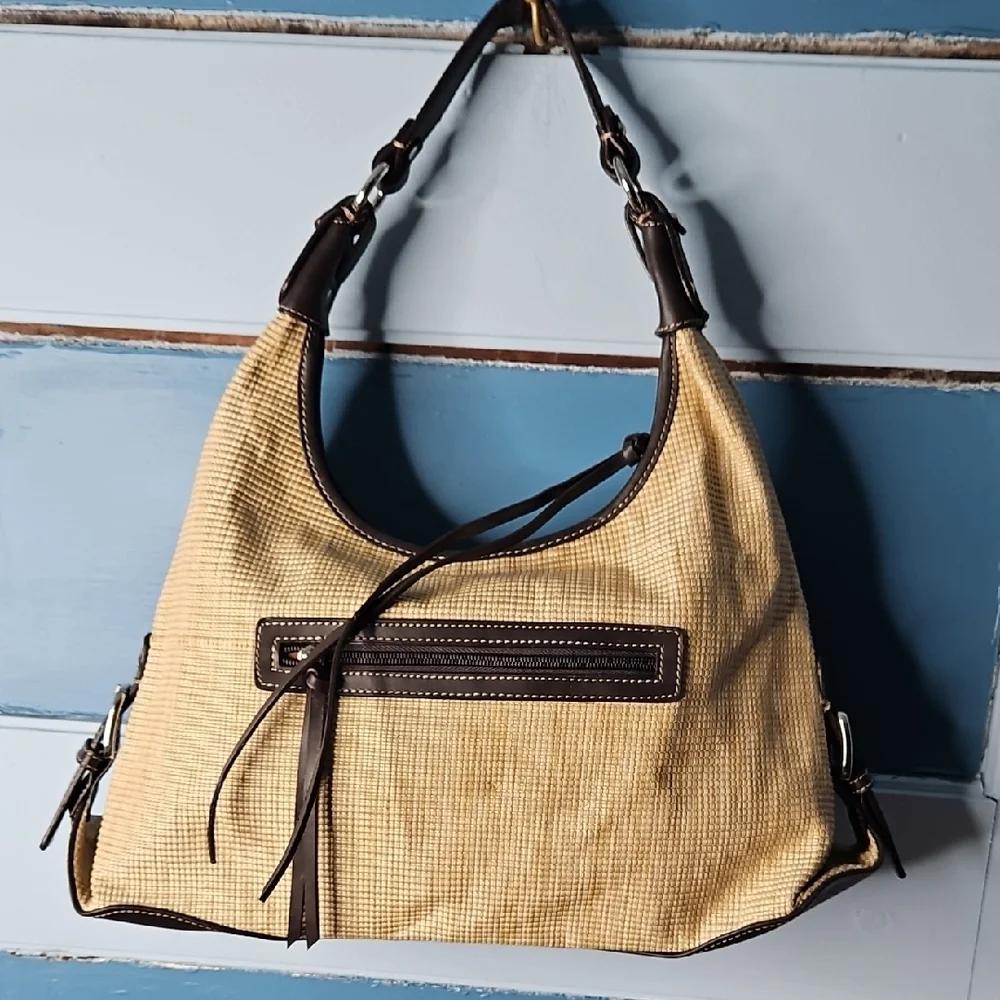 Worthington Vintage Wood Beaded Embroidered Floral Beige Hobo Handbag
